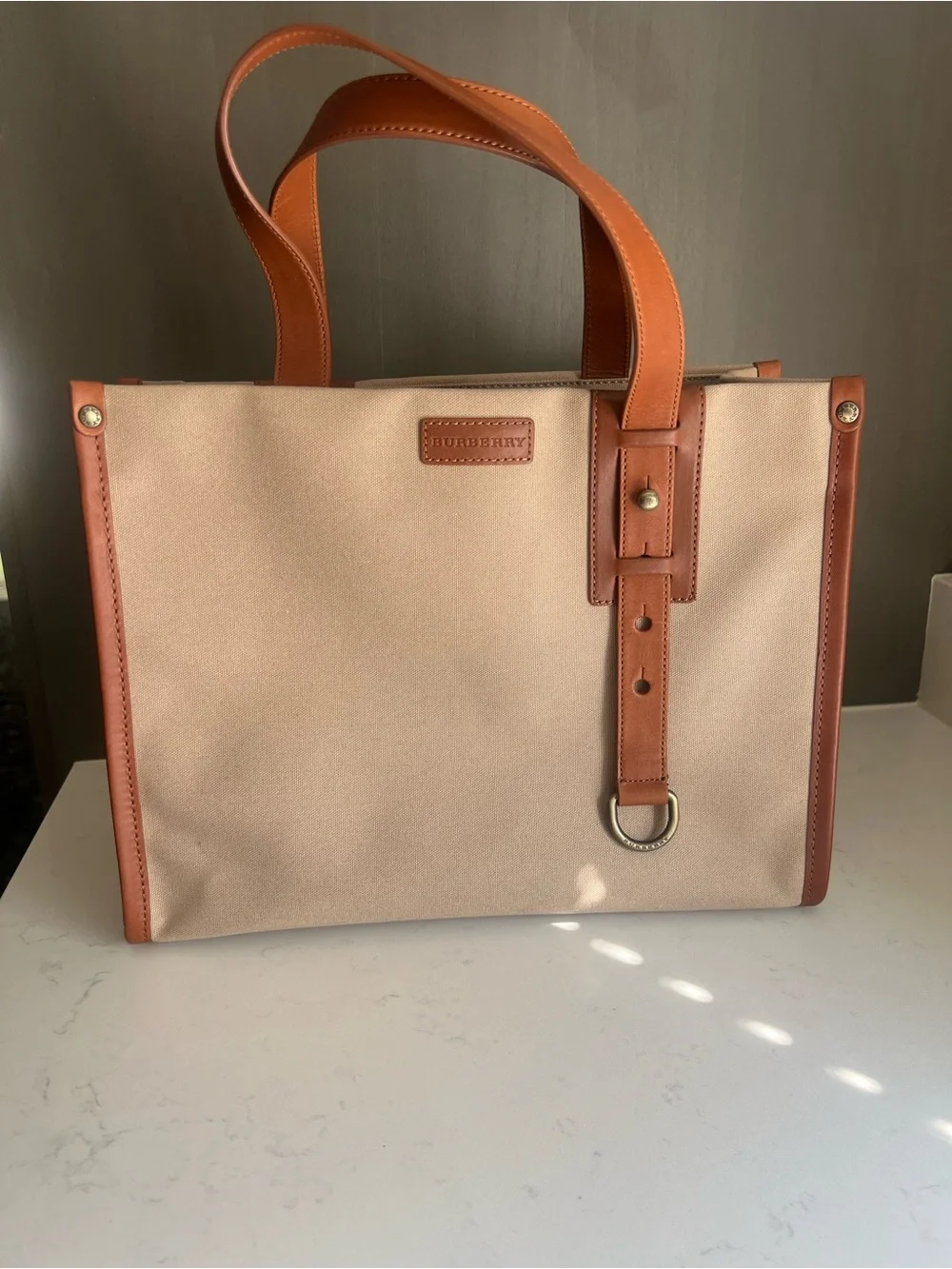 Burberry Beige Canvas Tote with Tan Leather Trim and D-Ring Accent